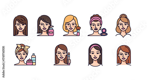 Collection of diverse female avatars with various hairstyles and makeup accessories, representing beauty, skincare, and personal grooming routines in a modern, flat design style, perfect for digital