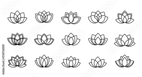 Collection of fifteen stylized lotus flower icons in white outline on a black background, representing purity, enlightenment, and spiritual growth, perfect for yoga studios, meditation apps, and