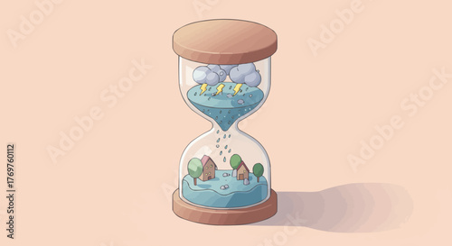 Hourglass illustrating time passing with weather changes from sunny to stormy in a miniature world