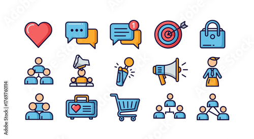 Collection of flat design icons representing business, marketing, and communication concepts, including a heart, speech bubbles, target, shopping bag, team hierarchy, megaphone, and shopping cart