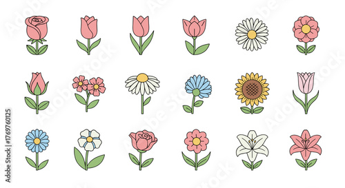 Collection of stylized, flat design floral illustrations on a black background, featuring a variety of popular flowers like roses, tulips, daisies, sunflowers, and lilies in soft pastel colors