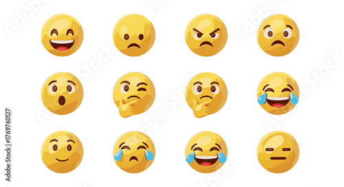 A vibrant collection of twelve 3D rendered yellow emoji faces, each displaying a distinct emotion, arranged in a 3x4 grid against a stark black background, showcasing happiness, sadness, anger