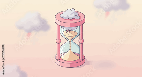 Pastel illustration of an hourglass with a cloud on top and distant lightning, symbolizing the passage of time and inevitable change