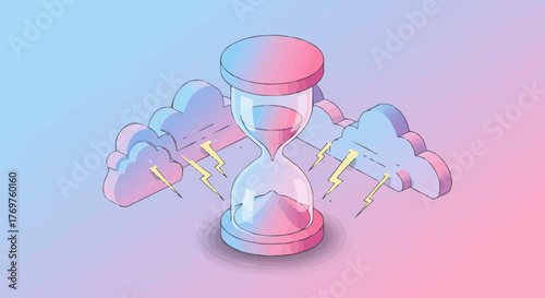 Time's Passage An Isometric Illustration of an Hourglass with Clouds and Lightning