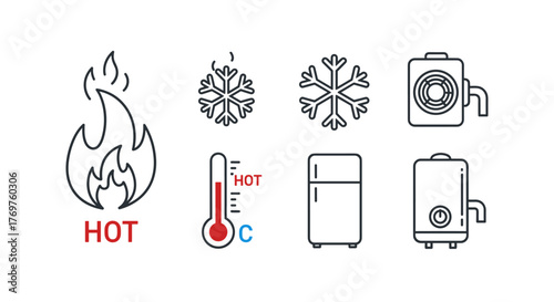 Collection of stylized line art icons representing temperature and heating/cooling devices, including flames, snowflakes, a thermometer, a refrigerator, and water heaters, set against a black