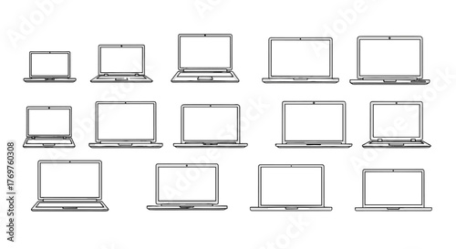 A collection of modern laptop computers arranged in rows against a stark black background, showcasing various sizes and designs, symbolizing technology and digital connectivity in a sleek, minimalist