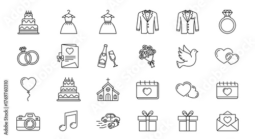 Set of wedding icons in white outline style on a black background, including a wedding cake, bride and groom attire, rings, invitations, champagne, flowers, dove, hearts, church, calendar, balloon