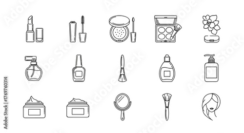 Collection of cosmetic and beauty product line icons on a black background, including lipstick, mascara, eyeshadow palette, powder compact, perfume bottle, nail polish, makeup brushes, hand mirror