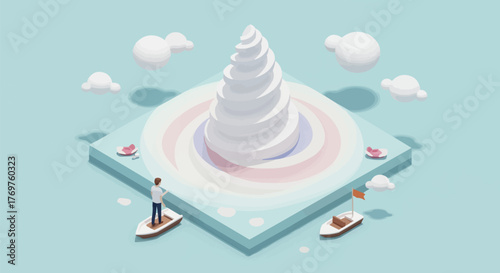 Isometric Illustration of a Towering Ice Cream Cone Surrounded by People in a Surreal Scene