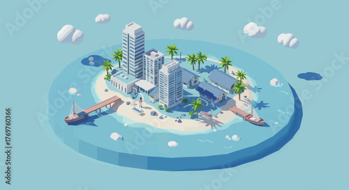 Island Cityscape Illustration A Low Poly Art Representation of Buildings and Water