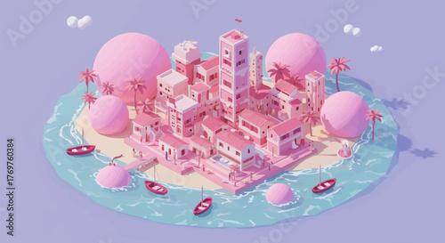 Charming Isometric Pink Cityscape Illustration with Boats and Tropical Islands