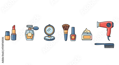 A vibrant collection of beauty and personal care icons, including lipstick, perfume, powder compact, makeup brush, nail polish, cream jar, hairdryer, and comb, presented in a clean, modern flat