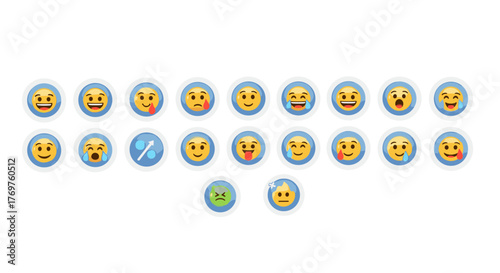 A vibrant collection of diverse emoji icons, each enclosed in a white circle with a blue outline, set against a stark black background, showcasing a range of emotions from joy and laughter to sadness