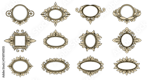 Collection of twelve ornate, vintage-style frames and borders with intricate floral and scrollwork details, presented on a black background, perfect for graphic design and decorative elements.