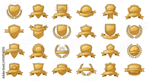 Collection of golden badges and emblems with ribbons and laurel wreaths, isolated on a black background, representing awards, achievements, and quality seals, perfect for graphic design and branding