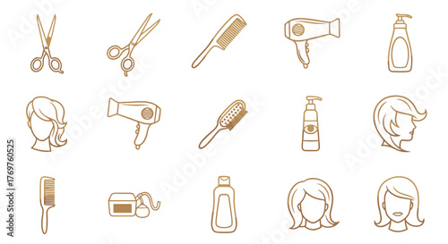 Golden icons set for hairdressing and beauty salon services, including scissors, combs, hair dryers, brushes, styling products, and stylized female hairstyles, perfect for branding and design