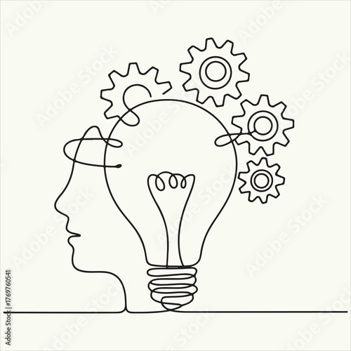 Continuous Line Drawing of a Human Head Silhouette with Lightbulb and Gears Inside, Symbolizing Ideas and Innovation