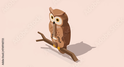 Charming isometric illustration of an owl playing a cello on a tree branch, symbolizing wisdom and music