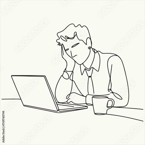 Minimalist continuous line art illustration of a tired and overwhelmed man working late on a laptop, symbolizing burnout, stress, and a demanding professional life