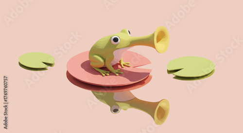 Whimsical Frog Trumpet on Lily Pad A Serene Reflection in Still Water