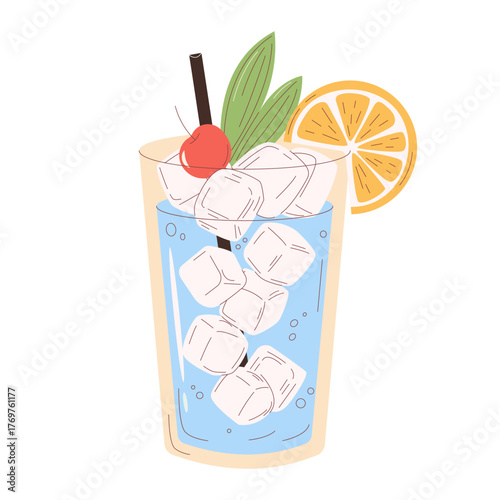 Blue Lagoon cocktail vector illustration. Hand drawn flat style design of a blue drink in a highball glass with ice, lemon slice, cherry. Perfect for tropical drink menu, summer vacation themes.