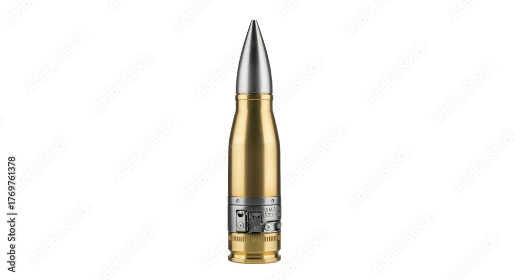Naklejka premium Golden bullet with silver tip and detailed engravings on transparent background