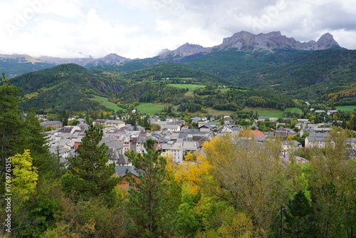 panoramic view of the town of Barcelonnette, southern Alps, France in the fall