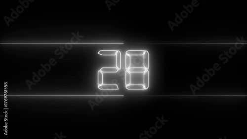 White neon digital number 28 glowing on black background with horizontal lines twenty eight