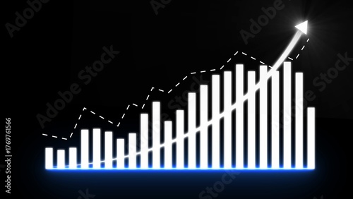 White bar graph with upward trending arrow and dashed line on black background chart business