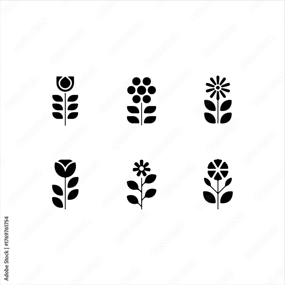 Fototapeta premium collection of 6 floral pattern motifs, simple shapes, solid black vector fill, white background