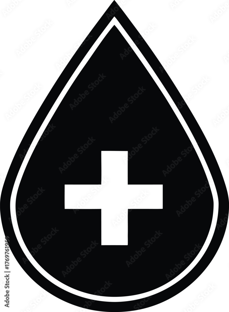 Fototapeta premium Black and White Medical Drop Icon: Healthcare Symbol for Blood Donation and Clinic Imagery, Clean and Minimalist Treatment Logo Vector Graphic