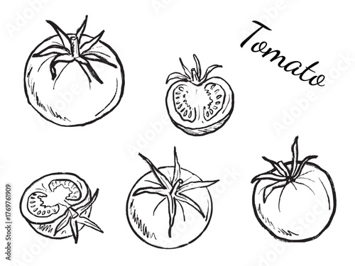 Set of whole, sliced cherry tomatoes in black brush stroke texture isolated on white. Hand drawn vector sketch illustration in vintage charcoal ink. Cooking, label, market vegetable design, eco.