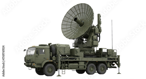 Military mobile radar system with antenna dish on truck