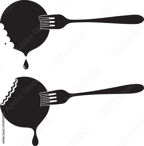 Two abstract black silhouettes of a fork piercing a round object with dripping liquid