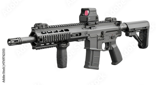 Modern tactical semi-automatic rifle with optic sight on transparent background