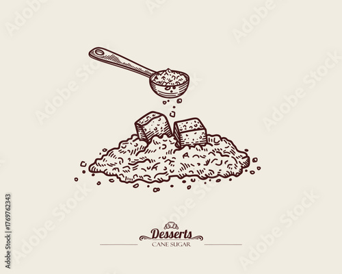 Pile of brown sugar. Line art of sugar cubes. Unrefined brown cane sugar in spoon.