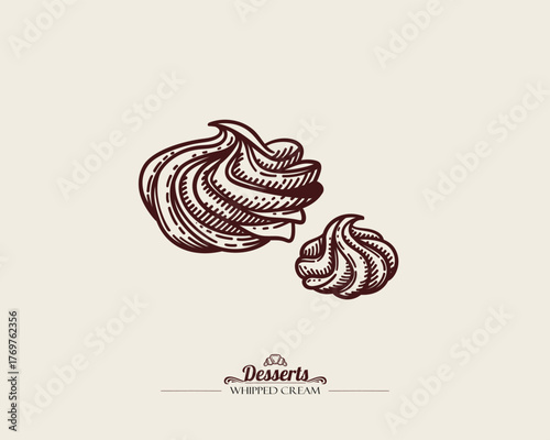 Crispy twisted meringues. Whipped cream decoration. Vintage line drawing. Vector line art