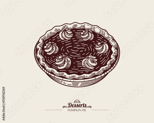 Illustration of pumpkin pie, tart, shortbread cake. The pie is decorated with whipped cream, meringue. Vector line art