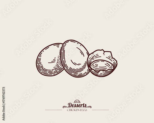 Three chicken eggs. One broken egg, yolk visible. Vintage vector line art illustration.
