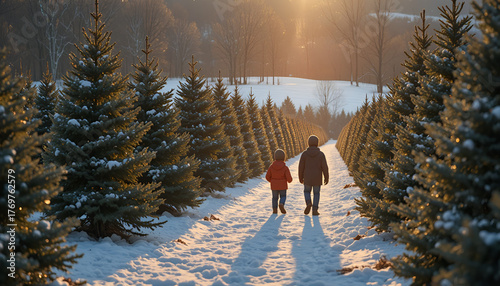 Father and Child Walking Through Snowy Christmas Tree Farm, Winter Sunset Stroll Among Pine Trees, Family Holiday Tradition in Snow-Covered Tree Rows

