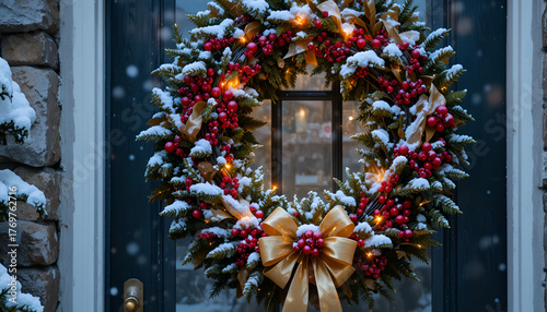 Christmas Wreath with Red Berries and Golden Bow, Festive Door Decor with Warm Lights and Snow, Cozy Winter Wreath with Twinkling Ribbons


