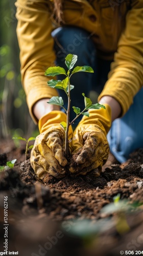 A person wearing protective yellow gloves is gently planting a small green tree sapling into the dark, rich soil in a forest environment