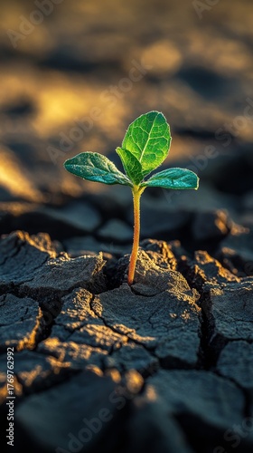 A tiny green seedling emerges from severely cracked, dry earth, illuminated by warm golden sunlight, symbolizing resilience, hope, and new life in challenging environmental conditions