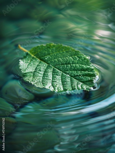 A vibrant green leaf with tiny water droplets floats gently on the surface of rippling, clear turquoise water, emphasizing freshness, nature, and tranquility in a close-up macro shot