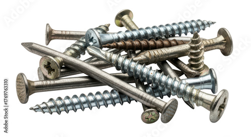 Assorted metal screws and nails on transparent background