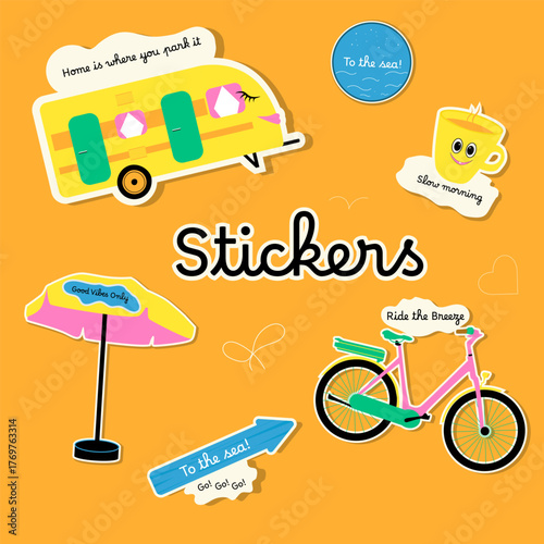 Funny campers caravan sea stickers. Caravans, road home trailers, travel in nature, camping transport, outdoor recreation, summer sea trip, prints design for summer.