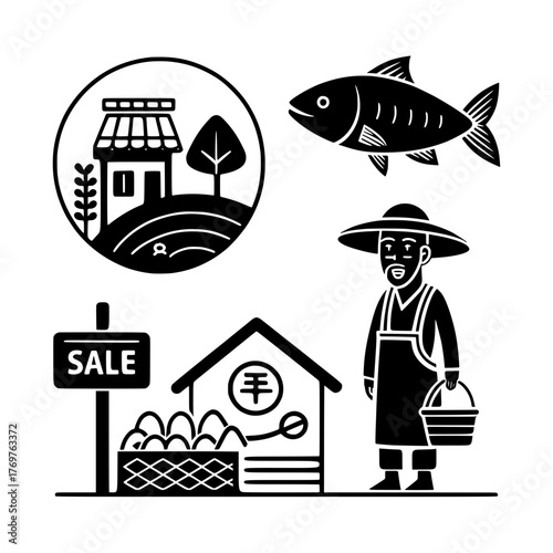 Local Farm Market and Agriculture Black Icons Set. Farmer, Fish, Farm Store, and Egg Sale Vector Graphics."