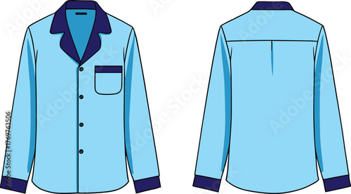 Blue pajama shirt design, front and back view illustration, sleepwear fashion template, button-up nightwear top, stylish clothing sketch, flat vector illustration