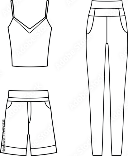 Crop top shorts pants design, fashion sketch, high waist trousers, garment template, clothing illustration, flat vector illustration, technical drawing