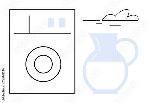 Household washing machine and pitcher with flowing water beneath a cloud, representing cleanliness, freshness, and utility. Ideal for home appliances, laundry, sustainability, lifestyle, water usage